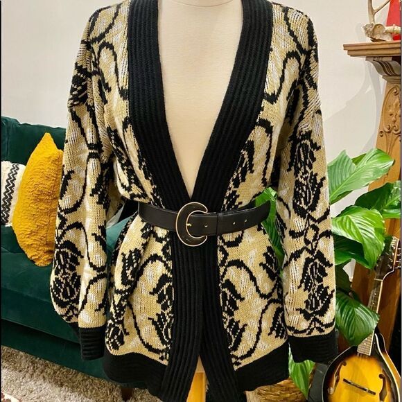 True Vintage 1980’s Oversized Open Front Drapey Gold Black Damask Knit Cardigan - Picture 1 of 11